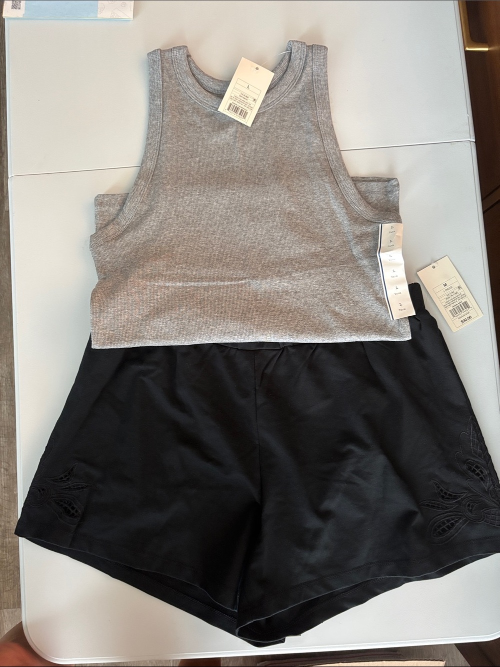 a new day Black Women's Embroidered Waistband Shorts & slim fit ribbed gray tank